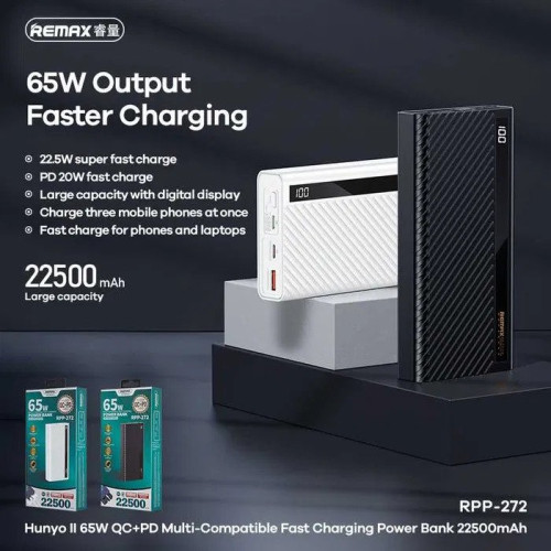 REMAX Hunyo II PD 65W + QC 22.5W Multi-Compatible Fast Charging Power Bank 22500mAh RPP-272 Black