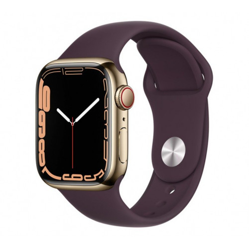 Apple Watch Series 7: GPS + Cellular, 45mm, Gold Stainless Steel Case, Dark Cherry Sport Band.