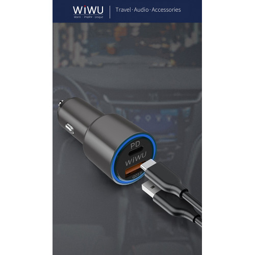 Wiwu Car Charger, Aluminium, Quick Charge Type-C PD (18W) + USB 3.0 (18W) Black (PC100)