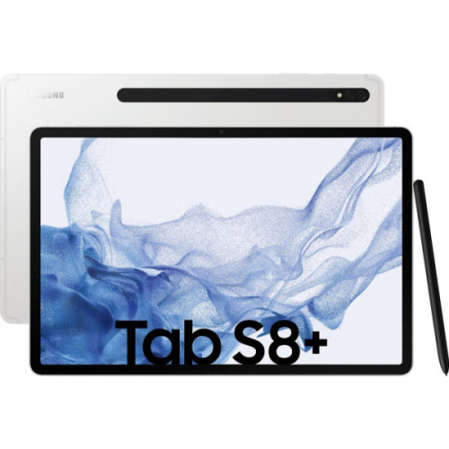 Samsung Tab S8 Plus: 12.4" 5G Tablet with 8/256GB and Silver Finish.