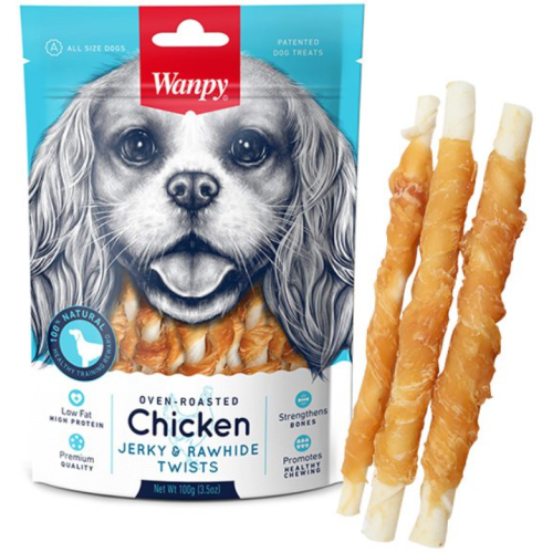Wanpy Chicken Jerky and Rawhide Twists - Ванпі палички з в'яленою куркою для собак 100 г