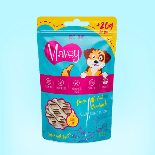 MAVSY Duck and Cod Sandwich for dogs - Сендвіч качка з тріскою для собак, 100г + 20г у подарунок