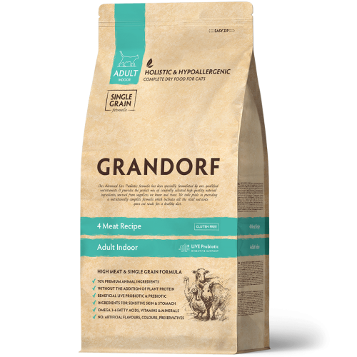 Grandorf CAT 4 MEAT & RICE INDOOR - Грандорф Cухий комплексний корм 4 вида м'яса з пробіотиками для