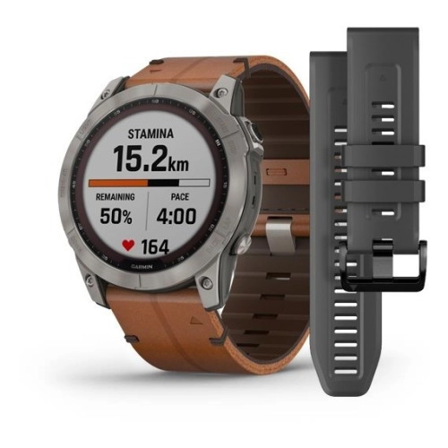 Garmin Fenix 7X:Titanium Solar Watch with Chestnut Leather Band