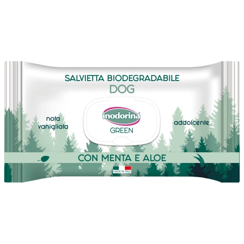 Inodorina Green Addolcente - Біорозкладні серветки для собак з м'ятою та алоє, 30 шт